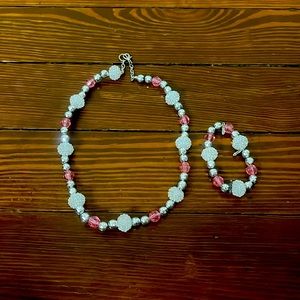 Plastic silver, pink, and crystal look alike beaded necklace and bracelet set
